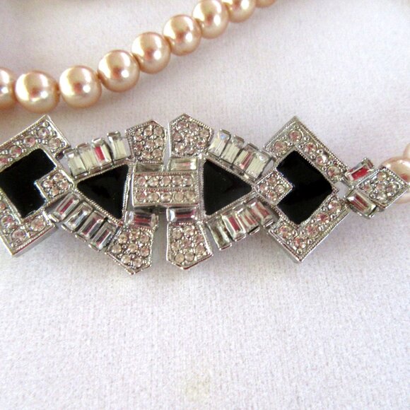 Vintage Art Deco Revival faux champagne pearl & rhinestone necklace & earrings - Picture 7 of 14